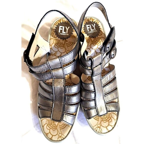 Fly London Women's 9 Bronze Gold Metallic Strappy Sandals 2.5" Wedge Hook & Loop - Picture 6 of 9